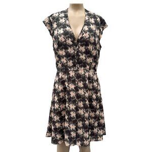 Reiss Floral Crawford Fluid Dress V-Neck Keyhole Black Flowy Cap Sleeve Women 12